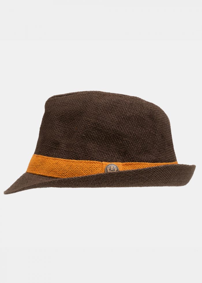 Dark brown fedora with orange strap - Image 2