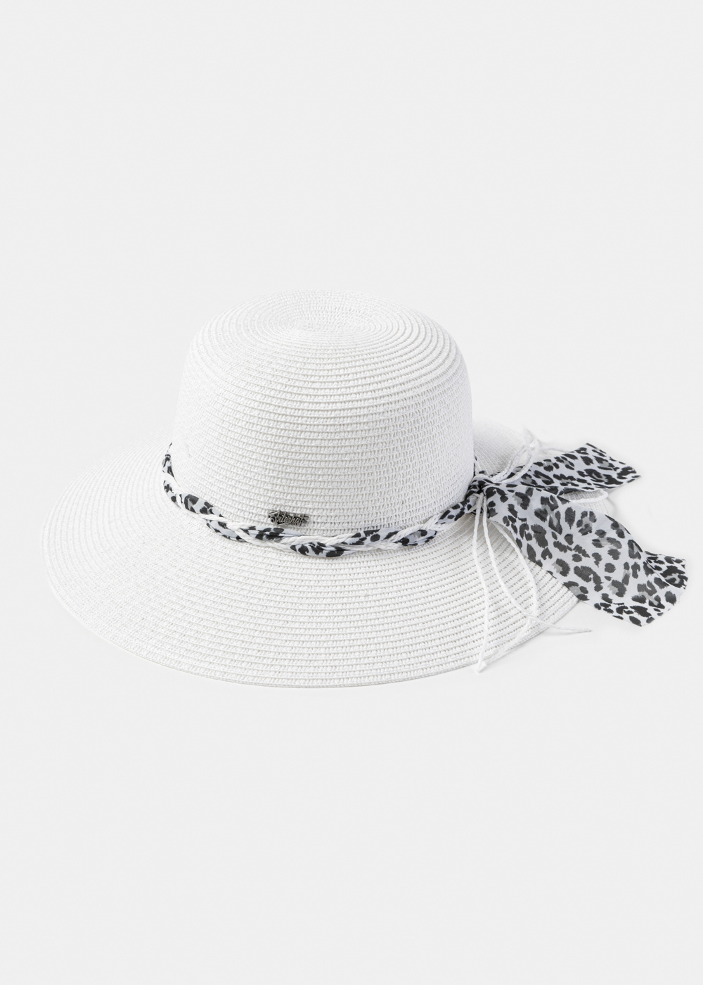 White Hat w/ Leopard Braided Ribbon White Hat w/ Leopard Braided Ribbon - Image 1
