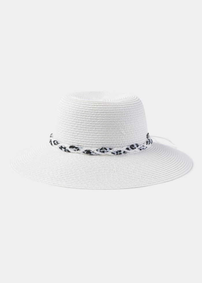 White Hat w/ Leopard Braided Ribbon - Image 2