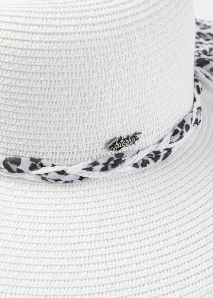 White Hat w/ Leopard Braided Ribbon - Image 3