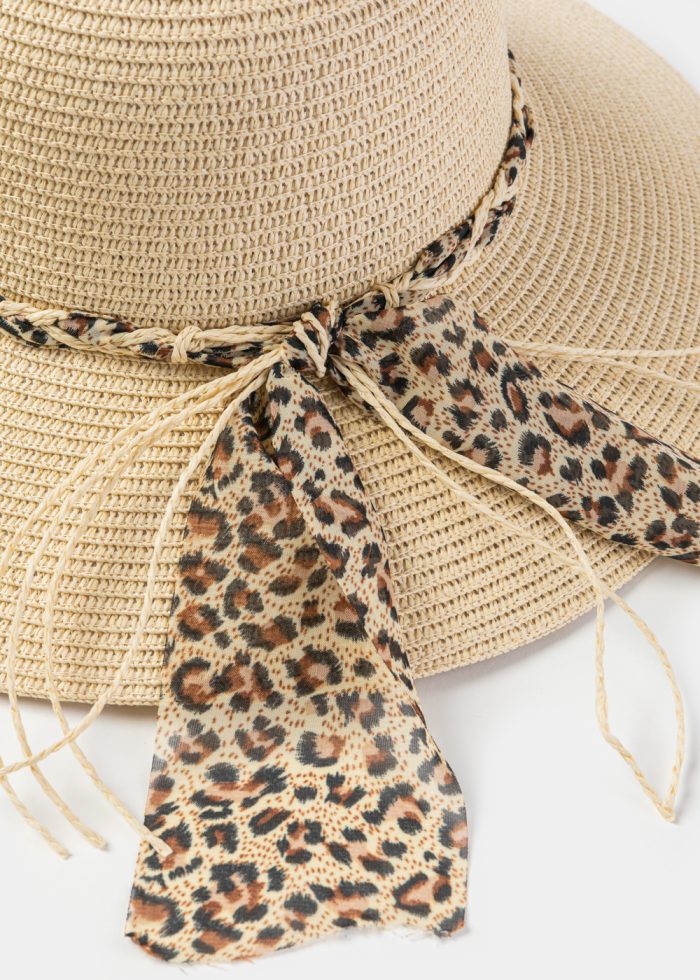 Beige Hat w/ Leopard Braided Ribbon - Image 4