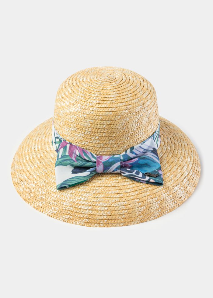 Natural Straw Bell Hat w/ Patterned Ribbon - Image 3