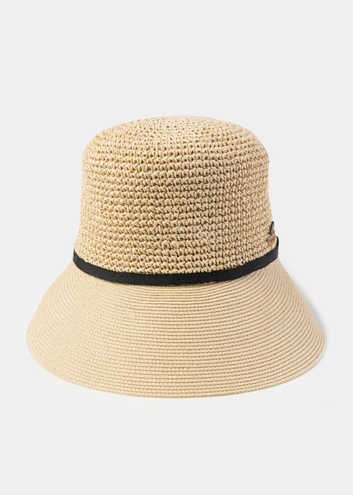 Beige Half Knitted Hat w/ Black Bow - Image 3