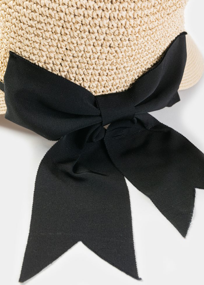 Beige Half Knitted Hat w/ Black Bow - Image 5