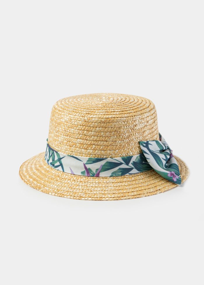 Natural Straw Boater Hat w/ Green Patterned Ribbon - Image 2