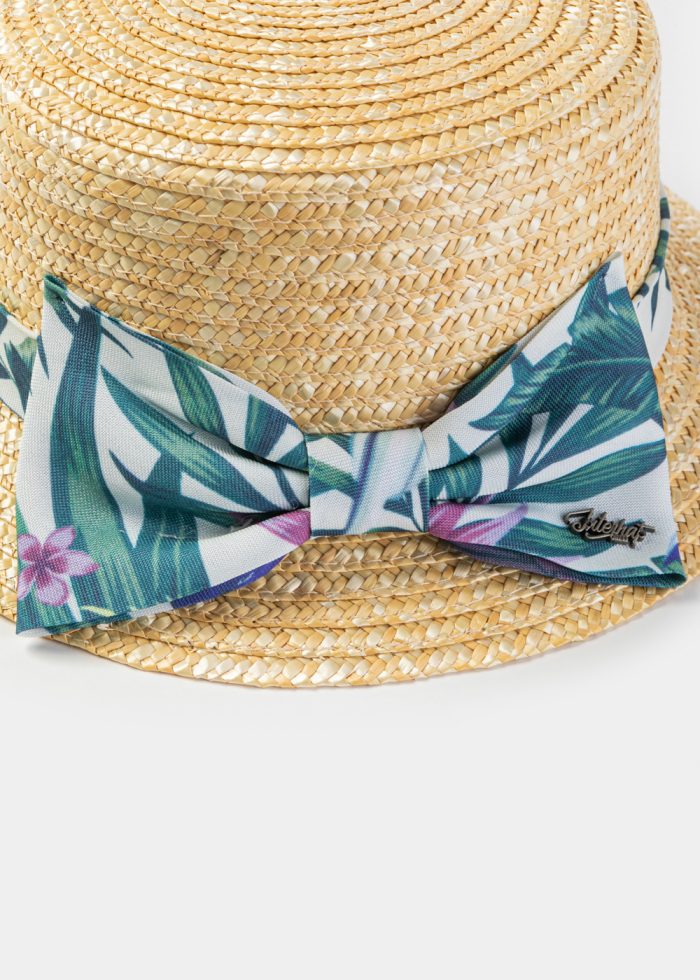 Natural Straw Boater Hat w/ Green Patterned Ribbon - Image 3