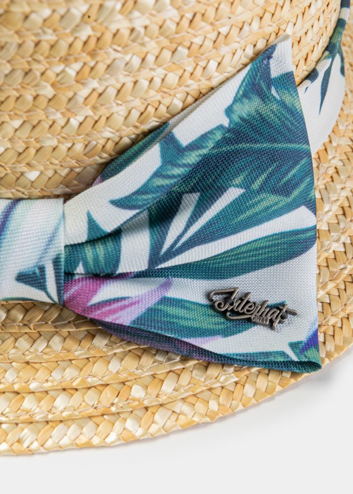 Natural Straw Boater Hat w/ Green Patterned Ribbon - Image 4