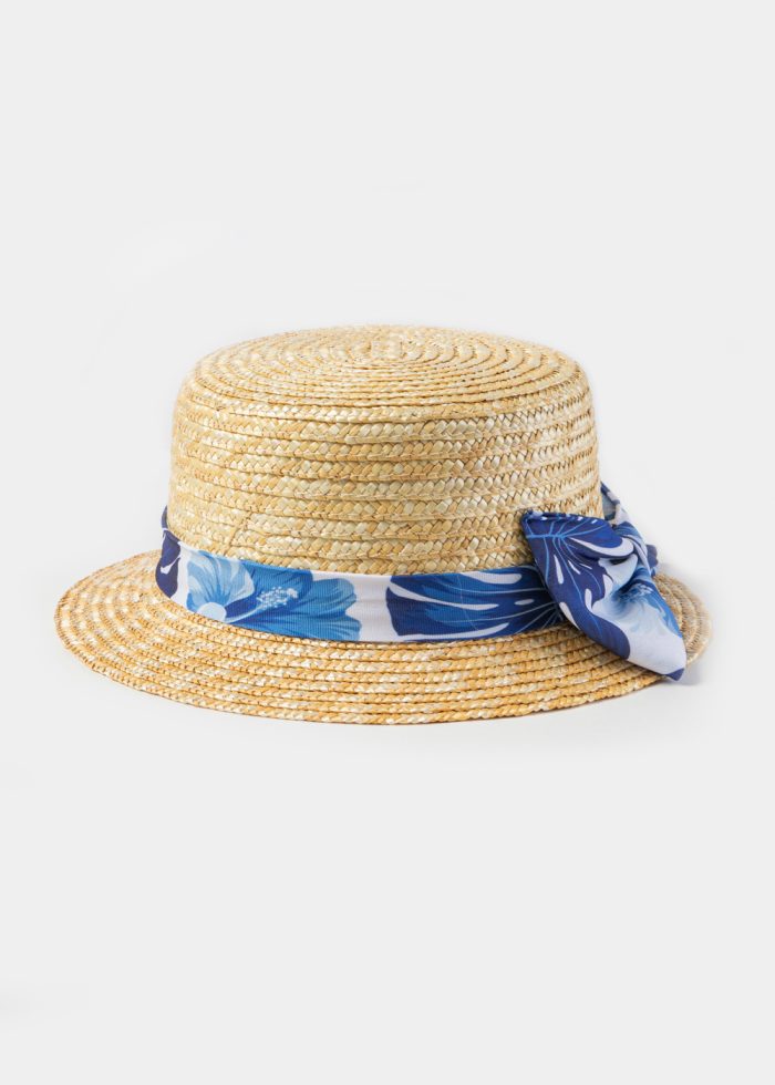 Natural Straw Boater Hat w/ Blue Patterned Ribbon - Image 2