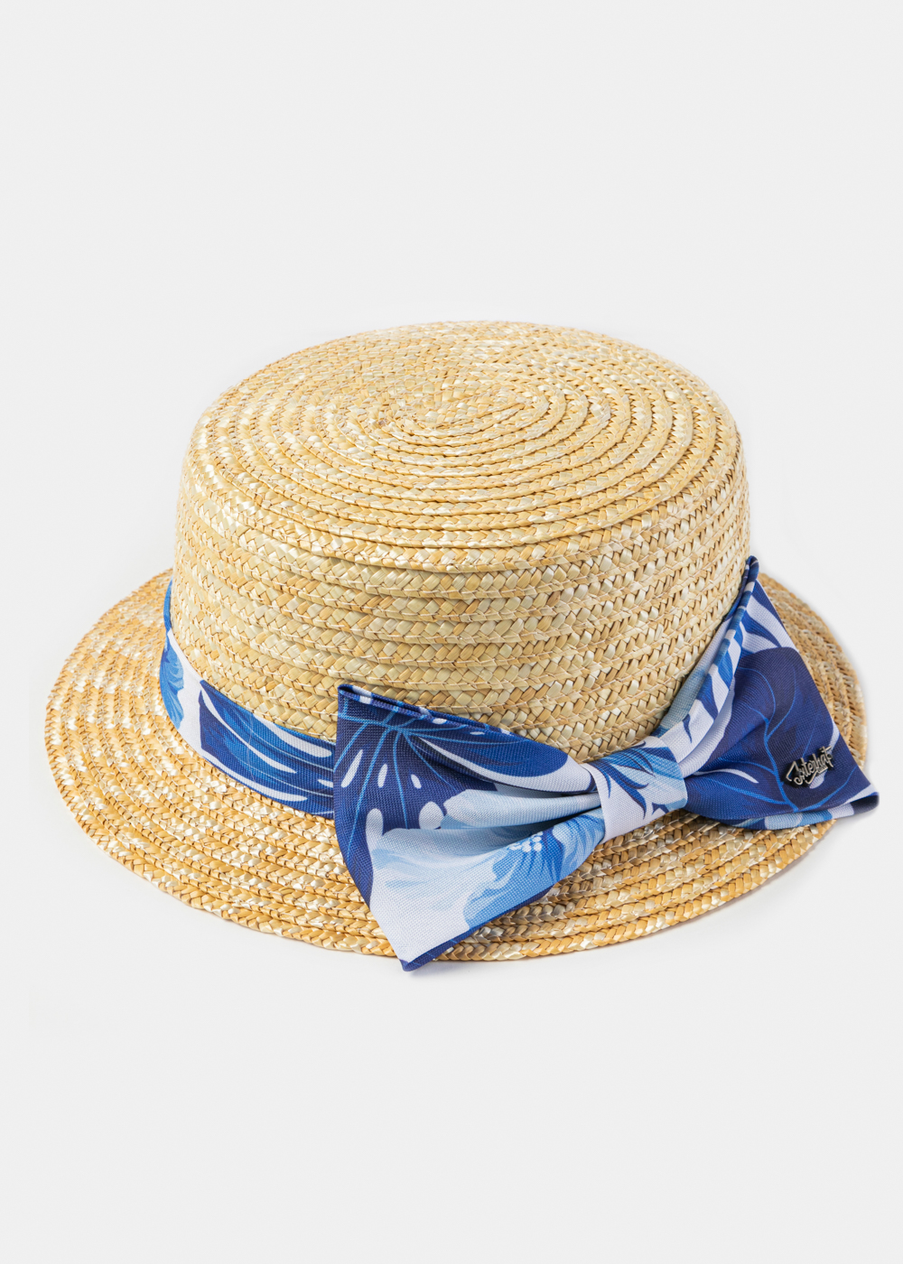 Natural Straw Boater Hat w/ Blue Patterned Ribbon Natural Straw Boater Hat w/ Blue Patterned Ribbon - Image 1