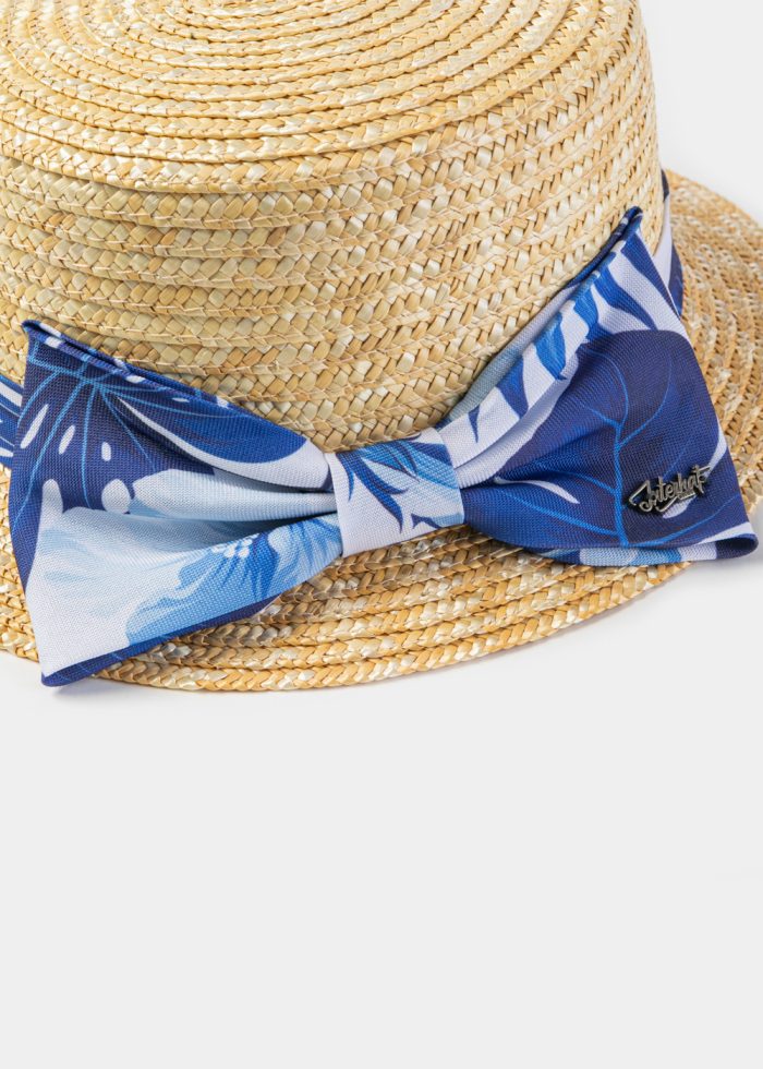 Natural Straw Boater Hat w/ Blue Patterned Ribbon - Image 3