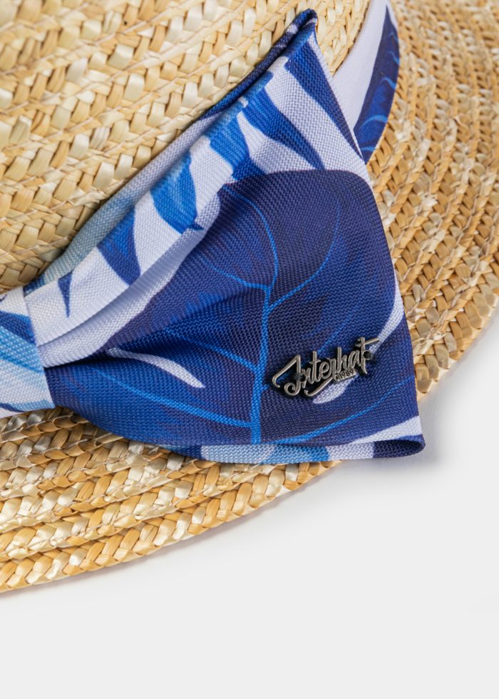 Natural Straw Boater Hat w/ Blue Patterned Ribbon - Image 4