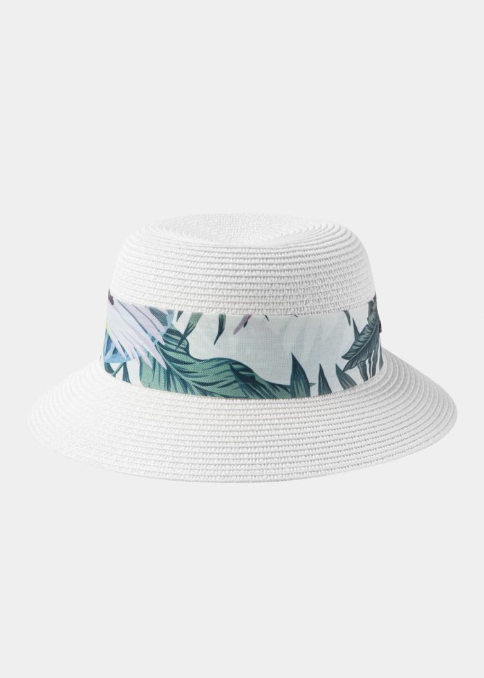 White Hat w/ Patterned Ribbon - Image 2