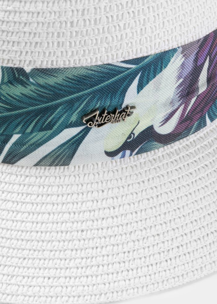 White Hat w/ Patterned Ribbon - Image 3