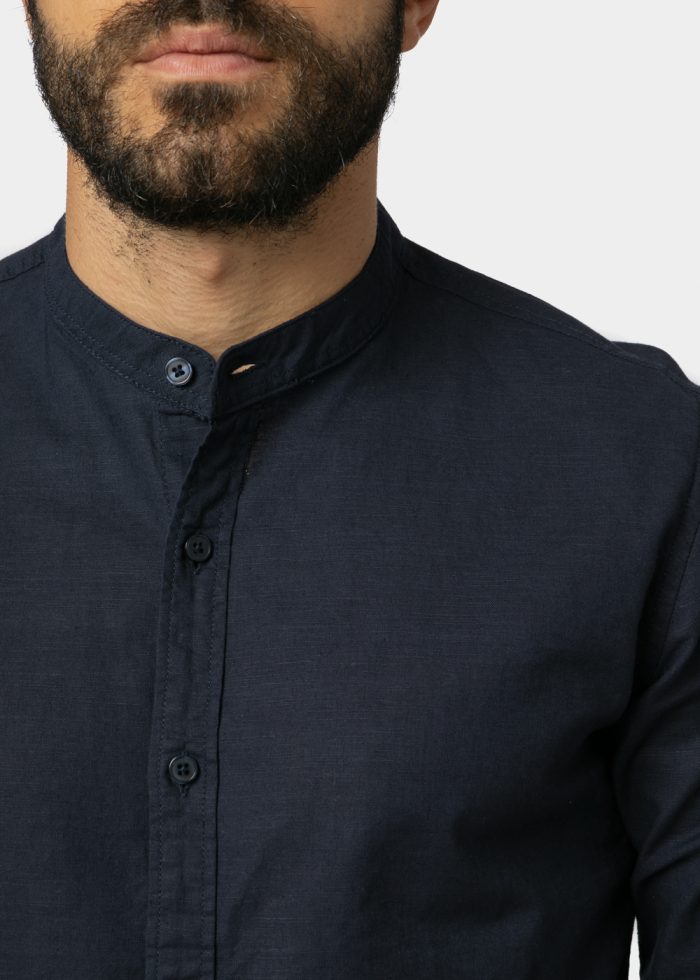Linen - Cotton Navy Blue Mao Shirt - Image 3