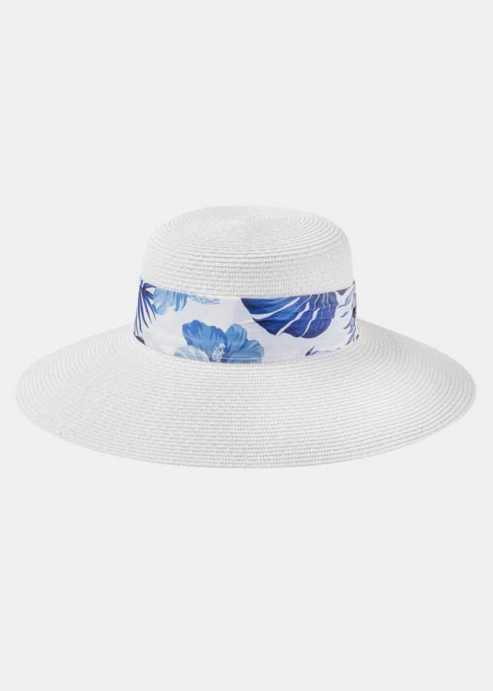 White Hat w/ Patterned Ribbon - Image 2