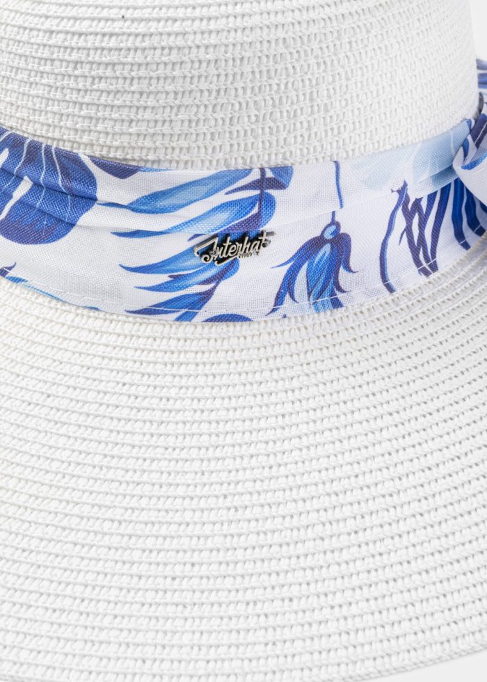 White Hat w/ Patterned Ribbon - Image 3