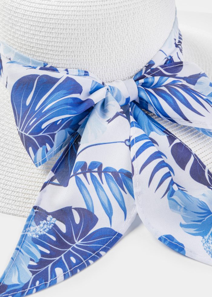 White Hat w/ Patterned Ribbon - Image 4