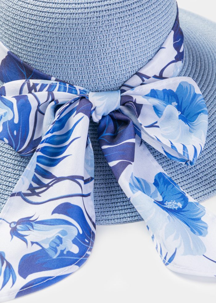 Light Blue Hat w/ Patterned Ribbon - Image 4