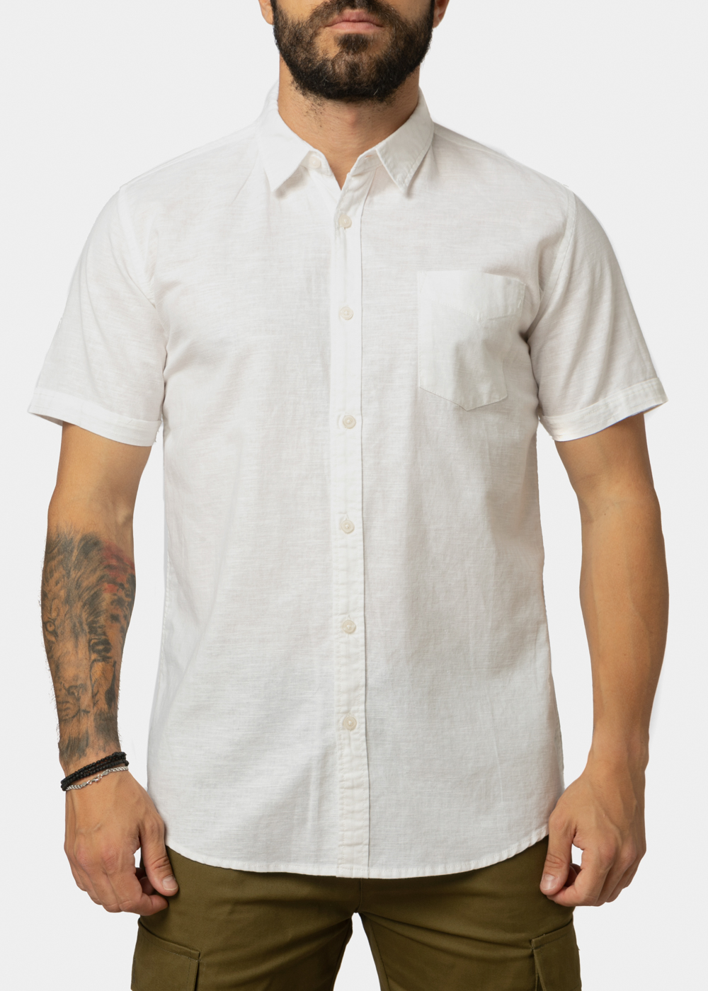 Linen - Cotton White Classic Shirt w/ Short Sleeves Linen - Cotton White Classic Shirt w/ Short Sleeves - Image 1