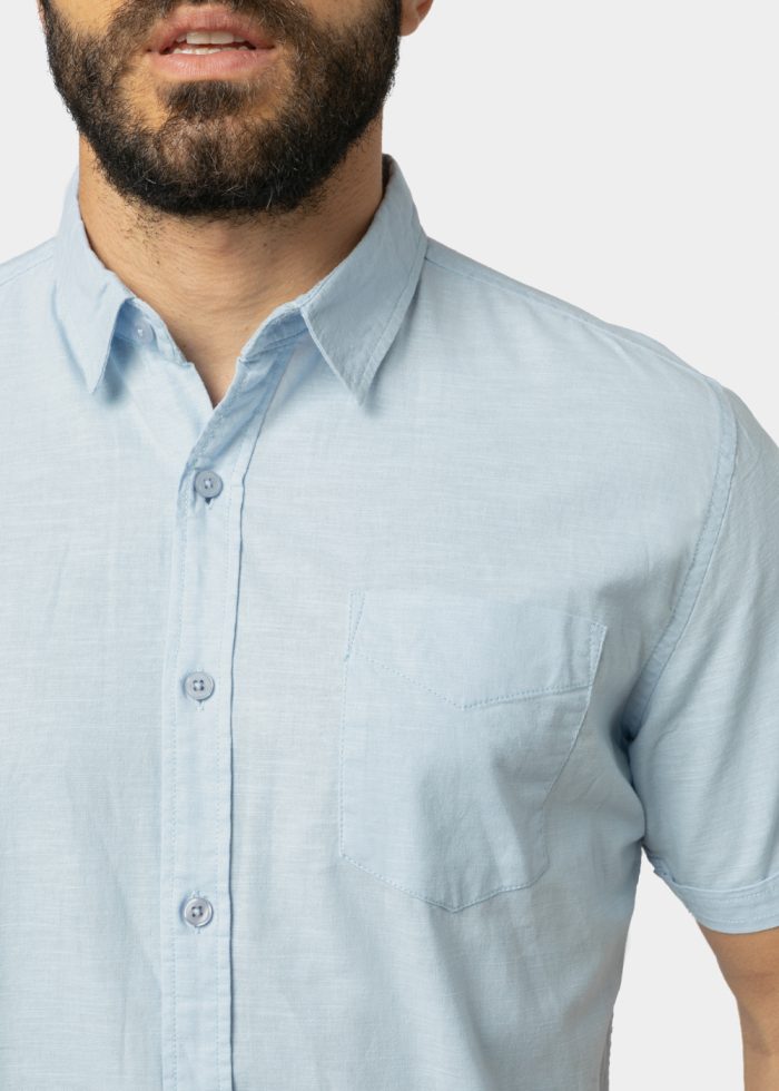 Linen - Cotton Light Blue Classic Shirt w/ Short Sleeves - Image 3