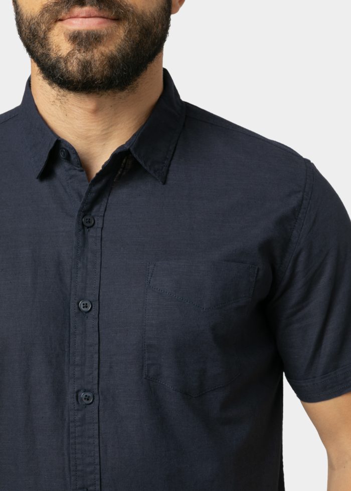 Linen - Cotton Navy Blue Classic Shirt w/ Short Sleeves - Image 3