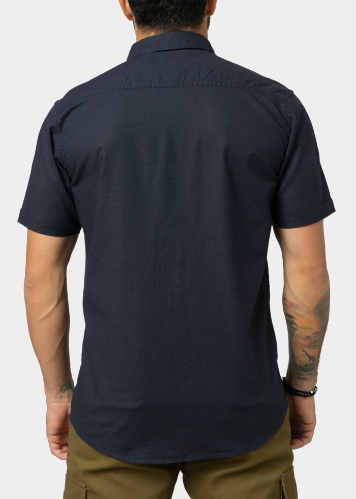 Linen - Cotton Navy Blue Classic Shirt w/ Short Sleeves - Image 2