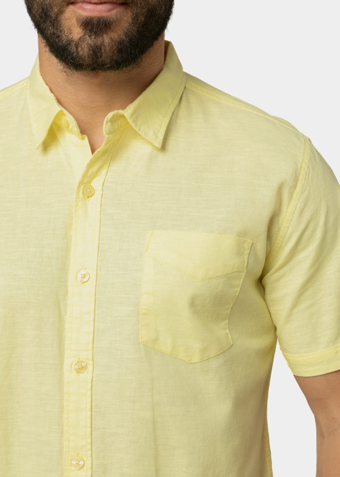 Linen - Cotton Yellow Classic Shirt w/ Short Sleeves - Image 3