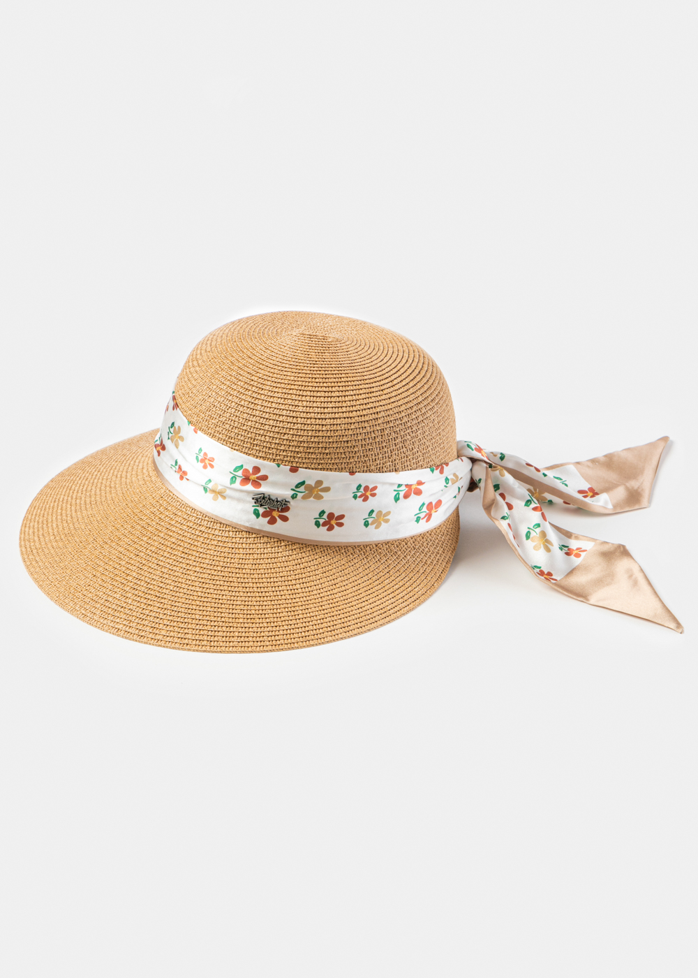 Brown Hat w/ Patterned Satin Ribbon Brown Hat w/ Patterned Satin Ribbon - Image 1