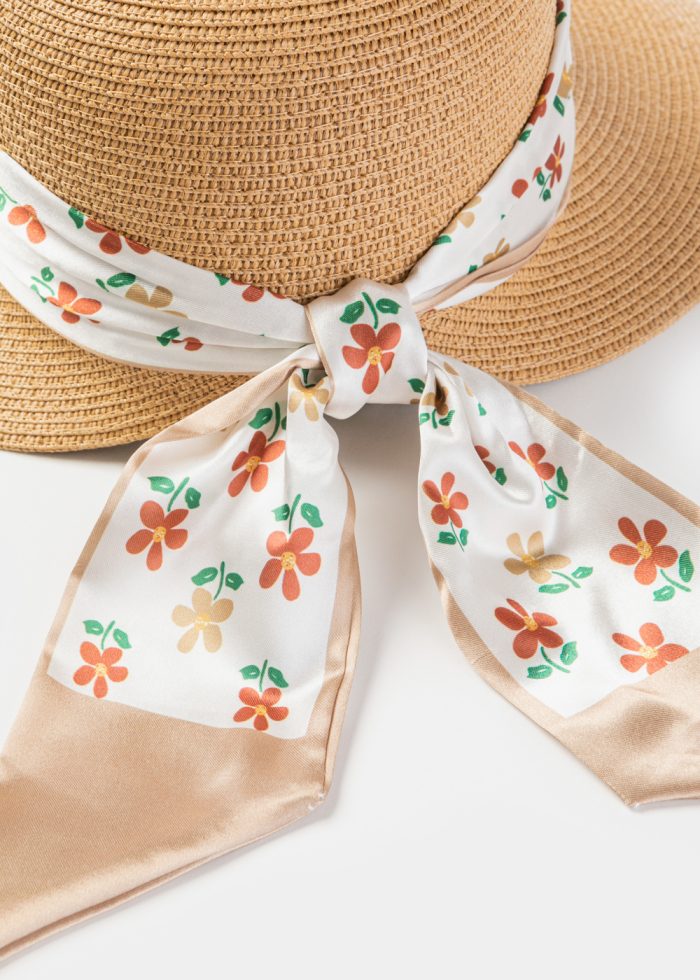 Brown Hat w/ Patterned Satin Ribbon - Image 4