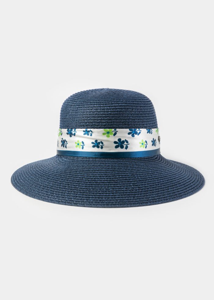 Navy Blue Hat w/ Patterned Satin Ribbon - Image 2