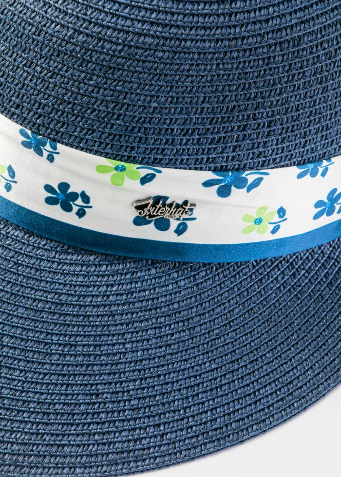 Navy Blue Hat w/ Patterned Satin Ribbon - Image 3