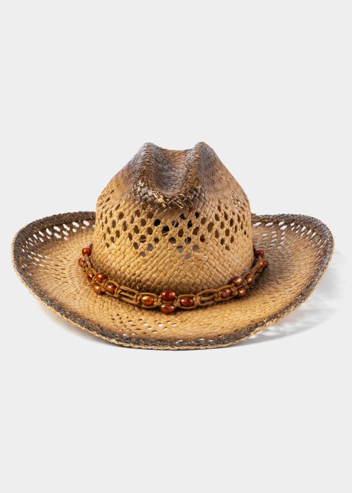 Natural Raffia Cowboy Style Hat w/ Orange Stones - Image 3