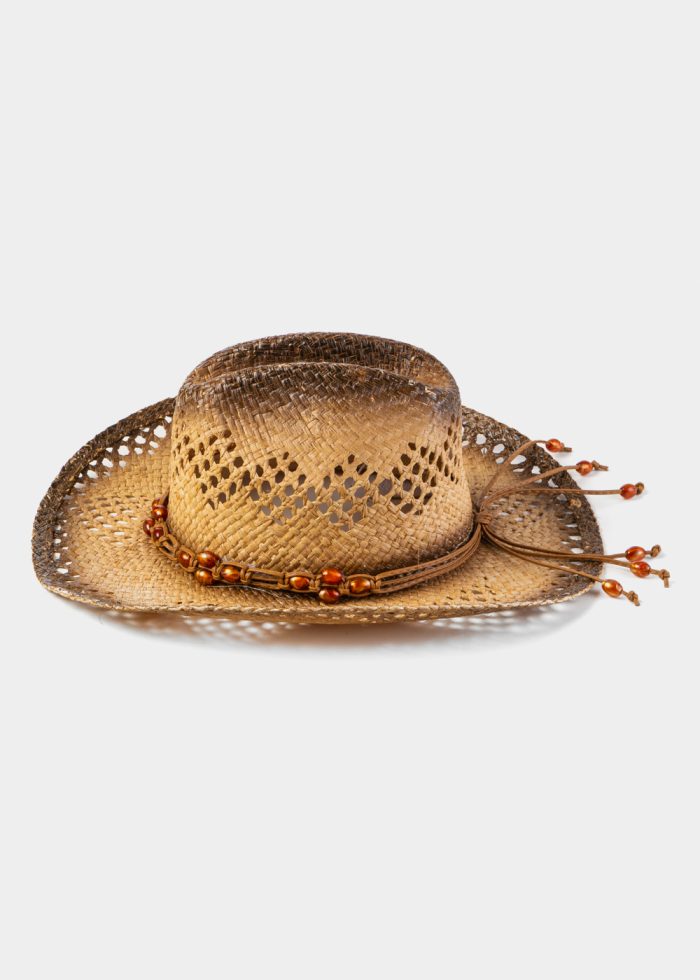 Natural Raffia Cowboy Style Hat w/ Orange Stones - Image 4