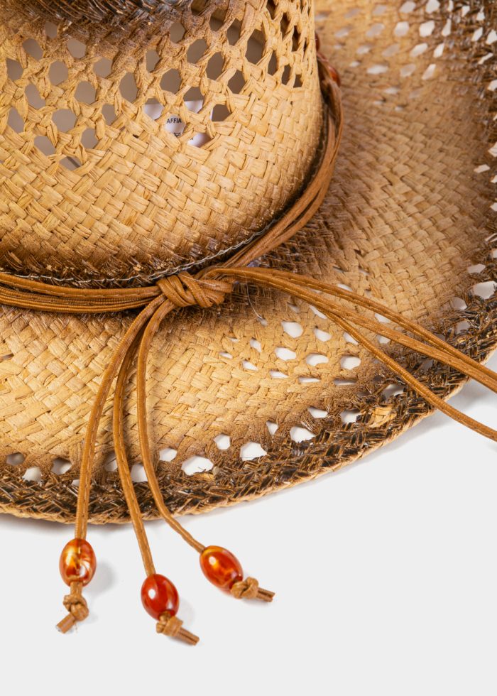 Natural Raffia Cowboy Style Hat w/ Orange Stones - Image 5