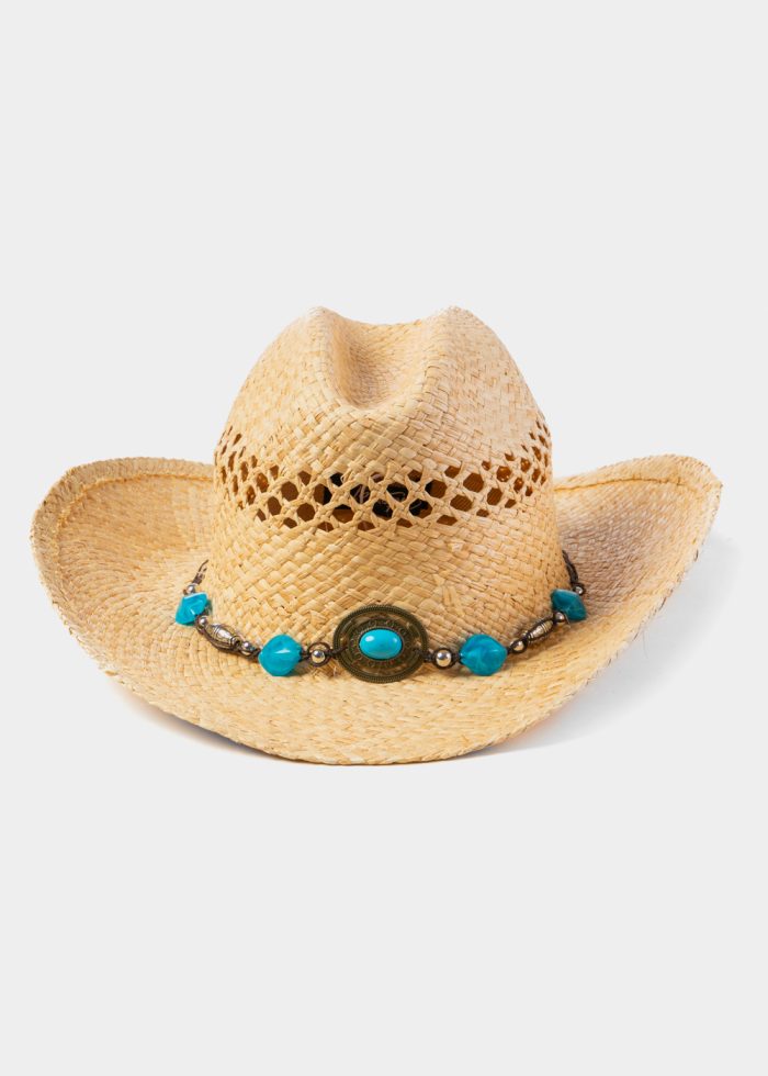Natural Raffia Cowboy Style Hat w/ Blue Stones - Image 2