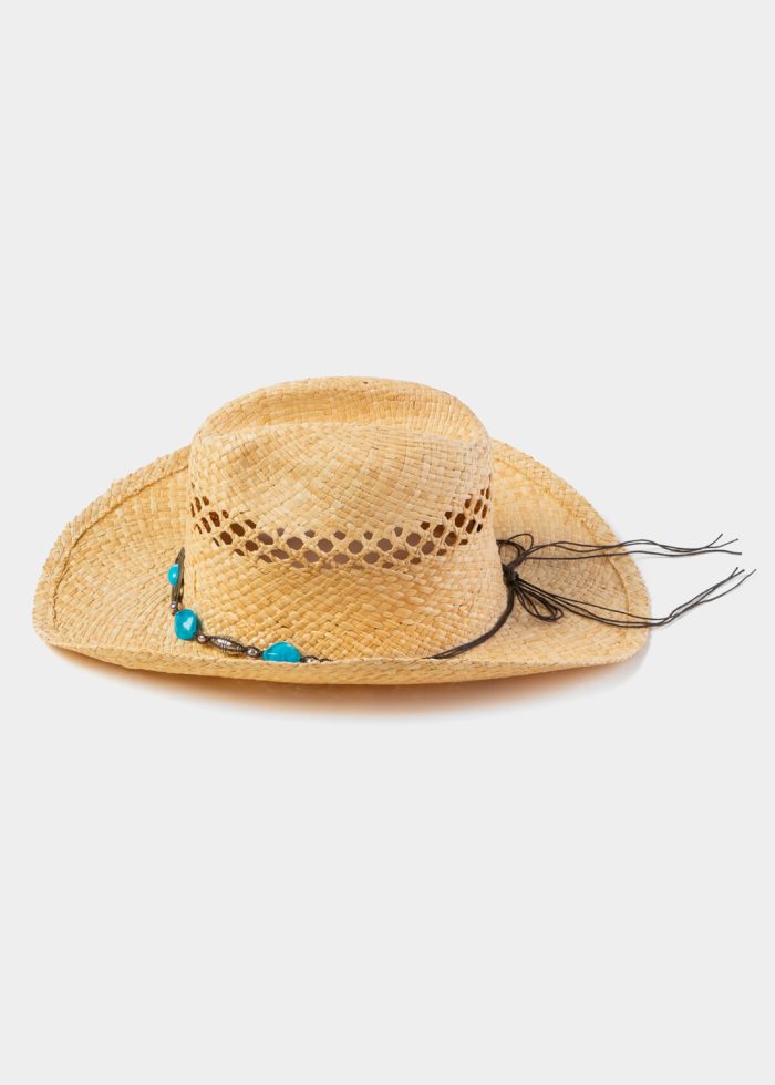 Natural Raffia Cowboy Style Hat w/ Blue Stones - Image 3