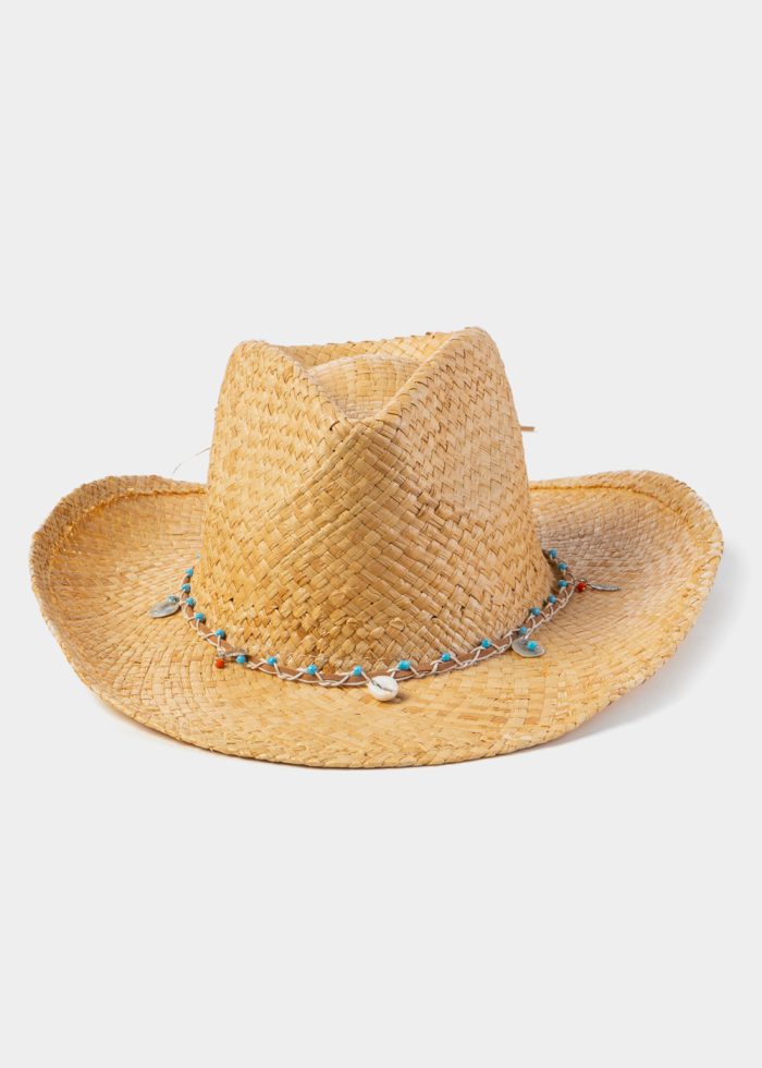 Natural Raffia Cowboy Style Hat w/ Seashells - Image 2