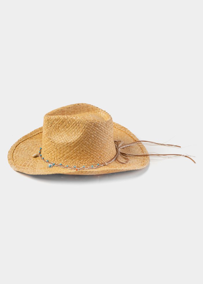 Natural Raffia Cowboy Style Hat w/ Seashells - Image 3