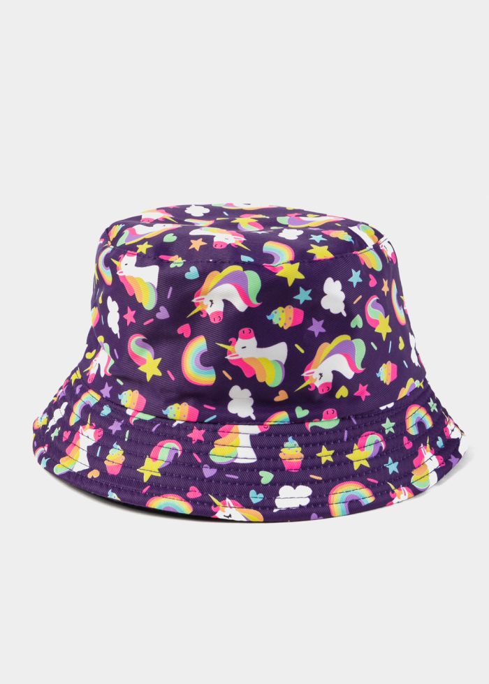 Navy Blue Double Face Kids Bucket Hat w/ Unicorns Pattern - Image 3