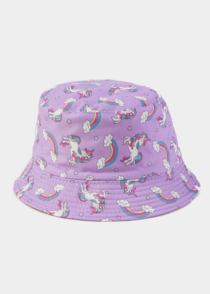 Purple Double Face Kids Bucket Hat w/ Unicorns Pattern - Image 3