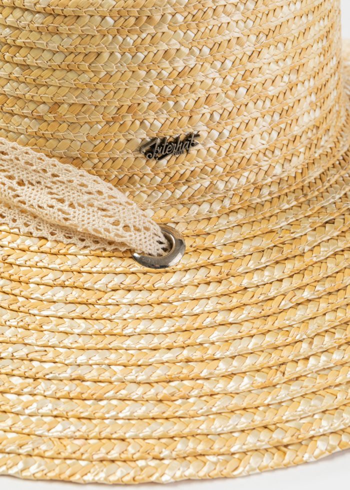 Natural Straw Hat w/ Laced Neck Tie Ribbon - Image 4