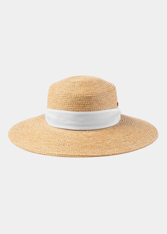 Natural Raffia Hat w/ White Neck Tie Ribbon - Image 4