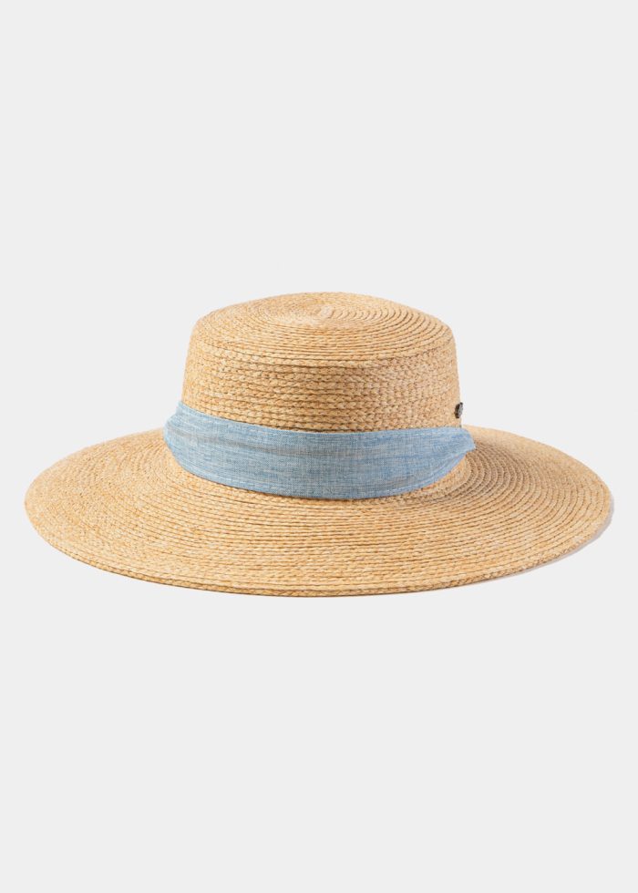 Natural Raffia Hat w/ Light Blue Neck Tie Ribbon - Image 3
