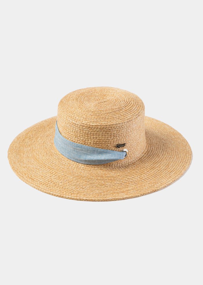 Natural Raffia Hat w/ Light Blue Neck Tie Ribbon - Image 2