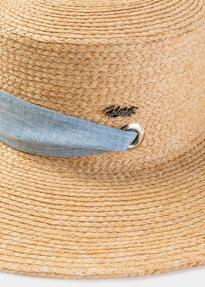Natural Raffia Hat w/ Light Blue Neck Tie Ribbon - Image 4