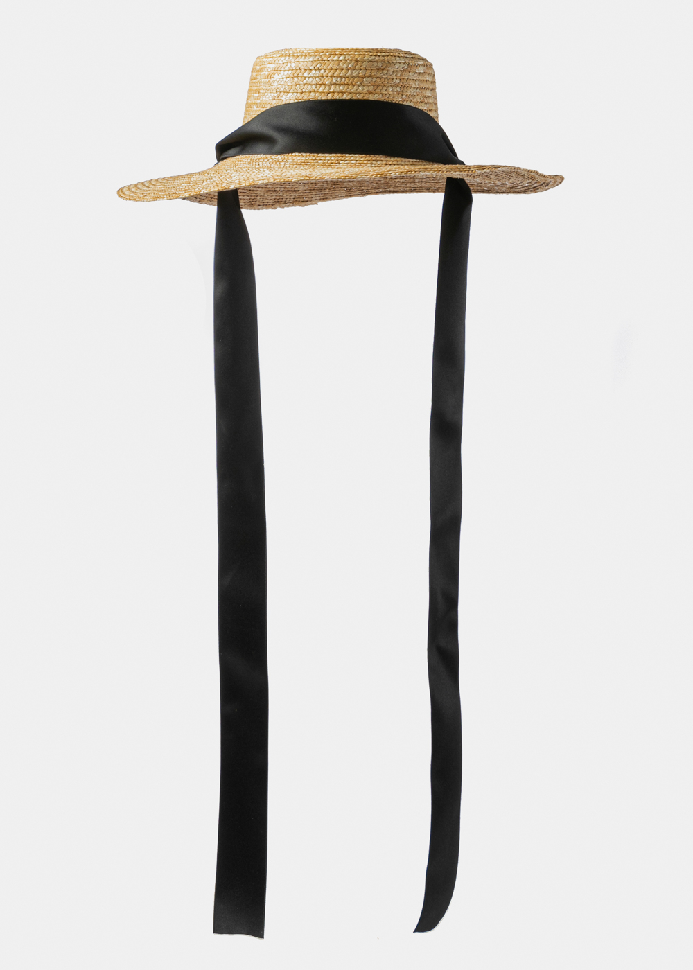 Natural Straw Hat w/ Black Neck Tie Ribbon Natural Straw Hat w/ Black Neck Tie Ribbon - Image 1