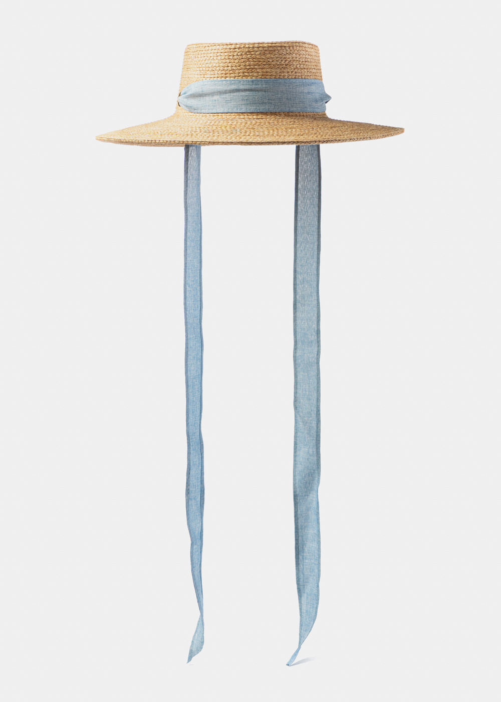 Natural Raffia Hat w/ Light Blue Neck Tie Ribbon Natural Raffia Hat w/ Light Blue Neck Tie Ribbon - Image 1