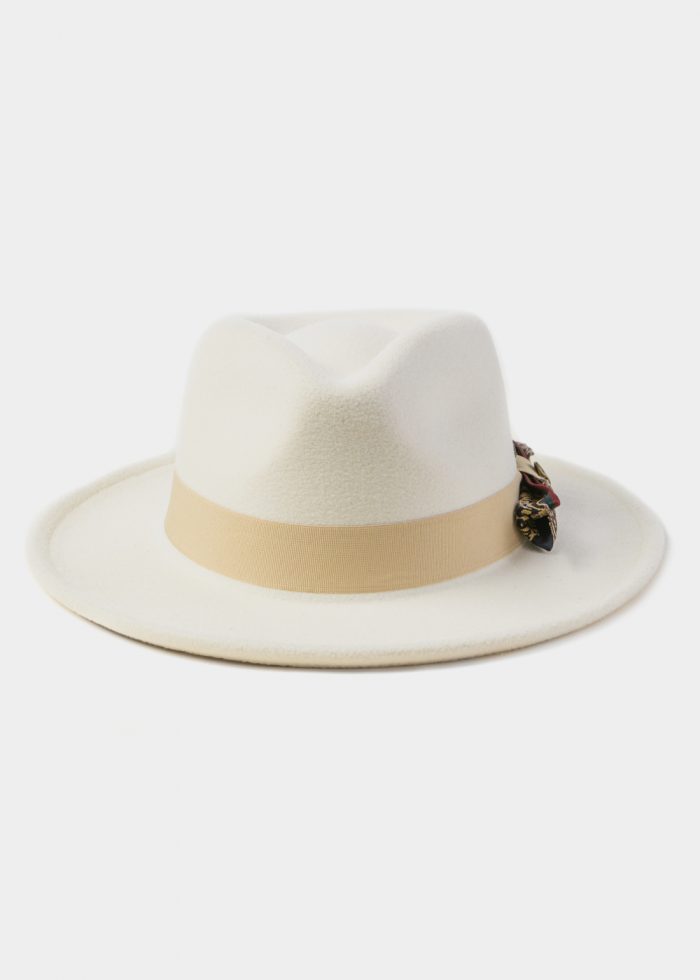White Winter Hat w/ Beige Hatband and Details - Image 2