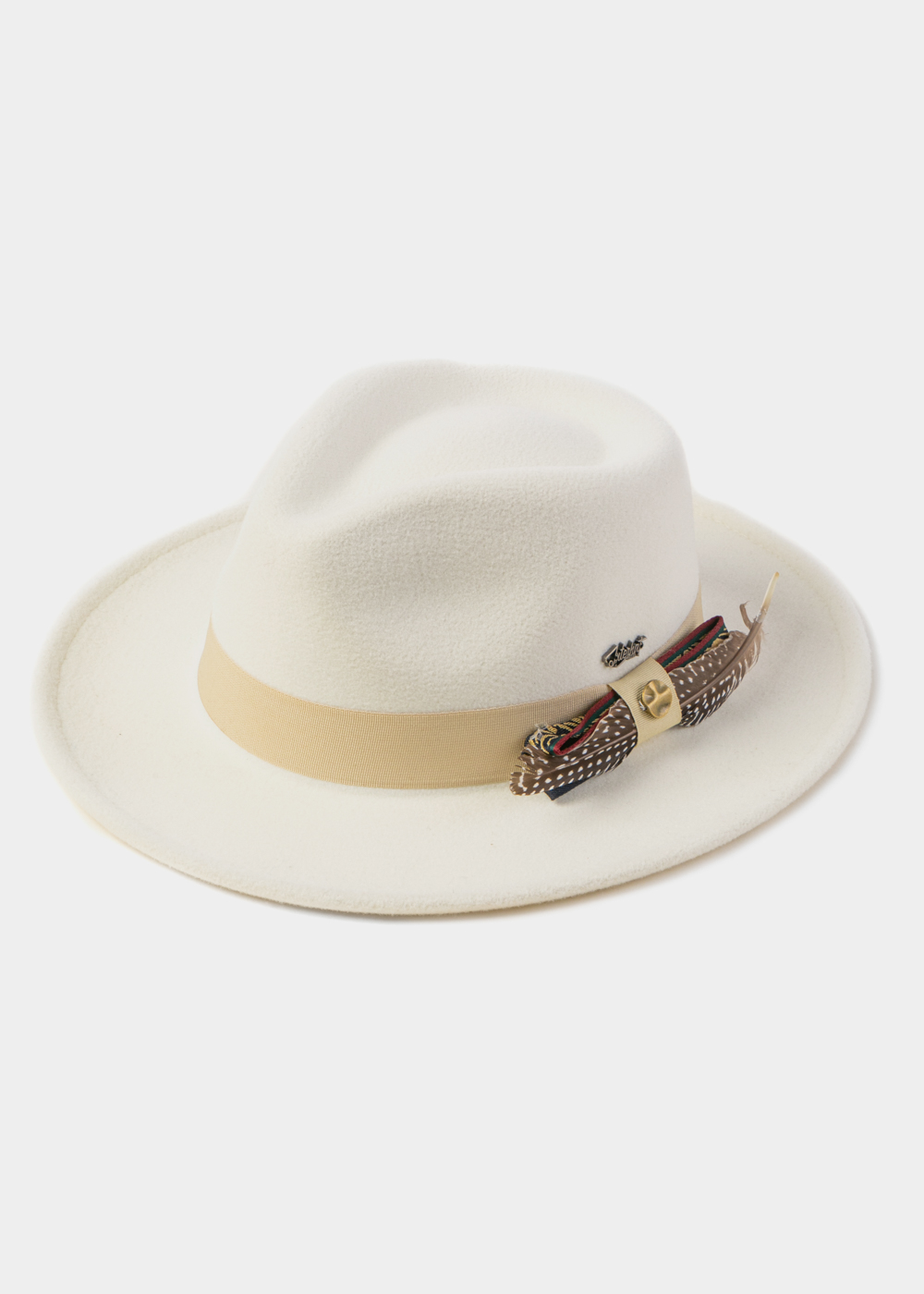 White Winter Hat w/ Beige Hatband and Details White Winter Hat w/ Beige Hatband and Details - Image 1