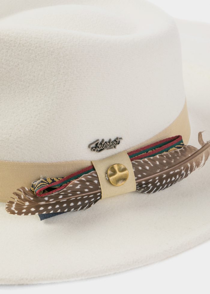 White Winter Hat w/ Beige Hatband and Details - Image 3